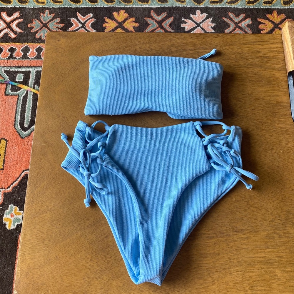 Baby Blue ZAFUL Lace Up Bandue Bikini